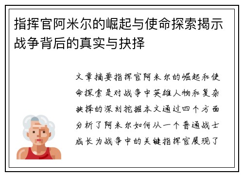 指挥官阿米尔的崛起与使命探索揭示战争背后的真实与抉择