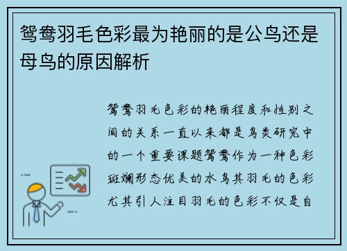 鸳鸯羽毛色彩最为艳丽的是公鸟还是母鸟的原因解析
