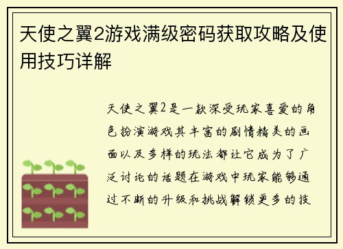 天使之翼2游戏满级密码获取攻略及使用技巧详解